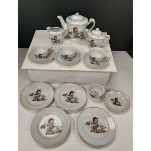 Children's China Tea Set 17pcs Made in Japan Girl and Blue Bird Damaged Cup